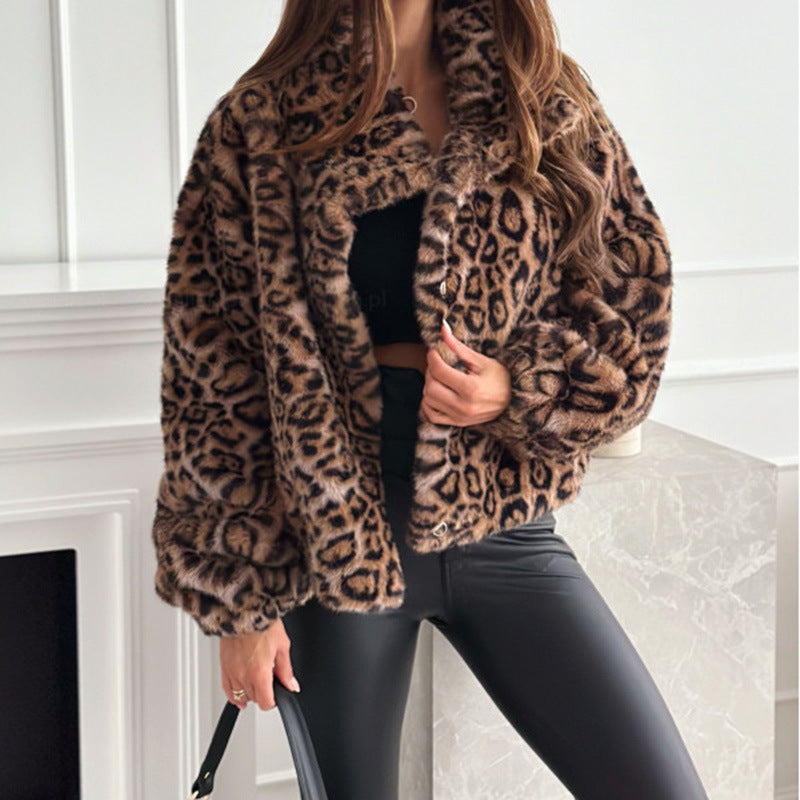 Women's Leopard Print Faux Fur Jacket with Collar
