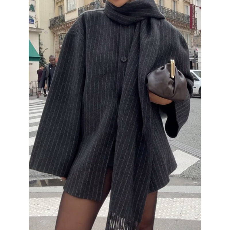 Women's Oversized Pinstripe Jacket with Fringe Detail