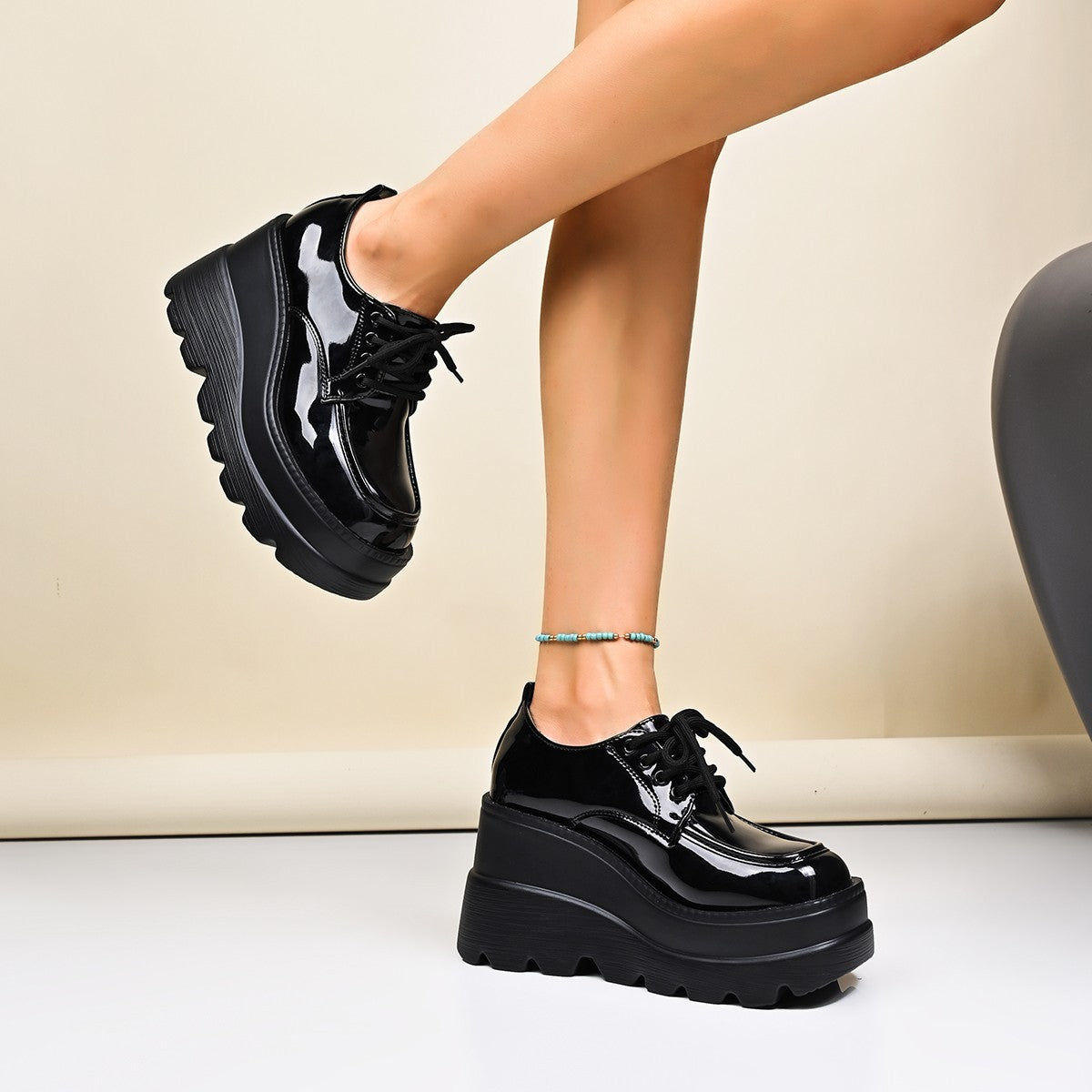Women's Platform Lace-Up Shoes with Patent Finish