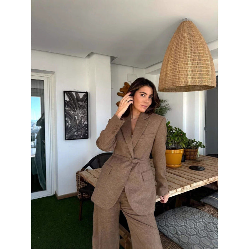 Women's Belted Blazer with Notched Lapels and Side Pockets