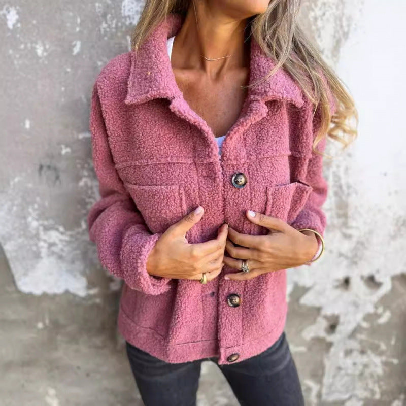 Women's Button-Front Teddy Jacket with Collared Neckline