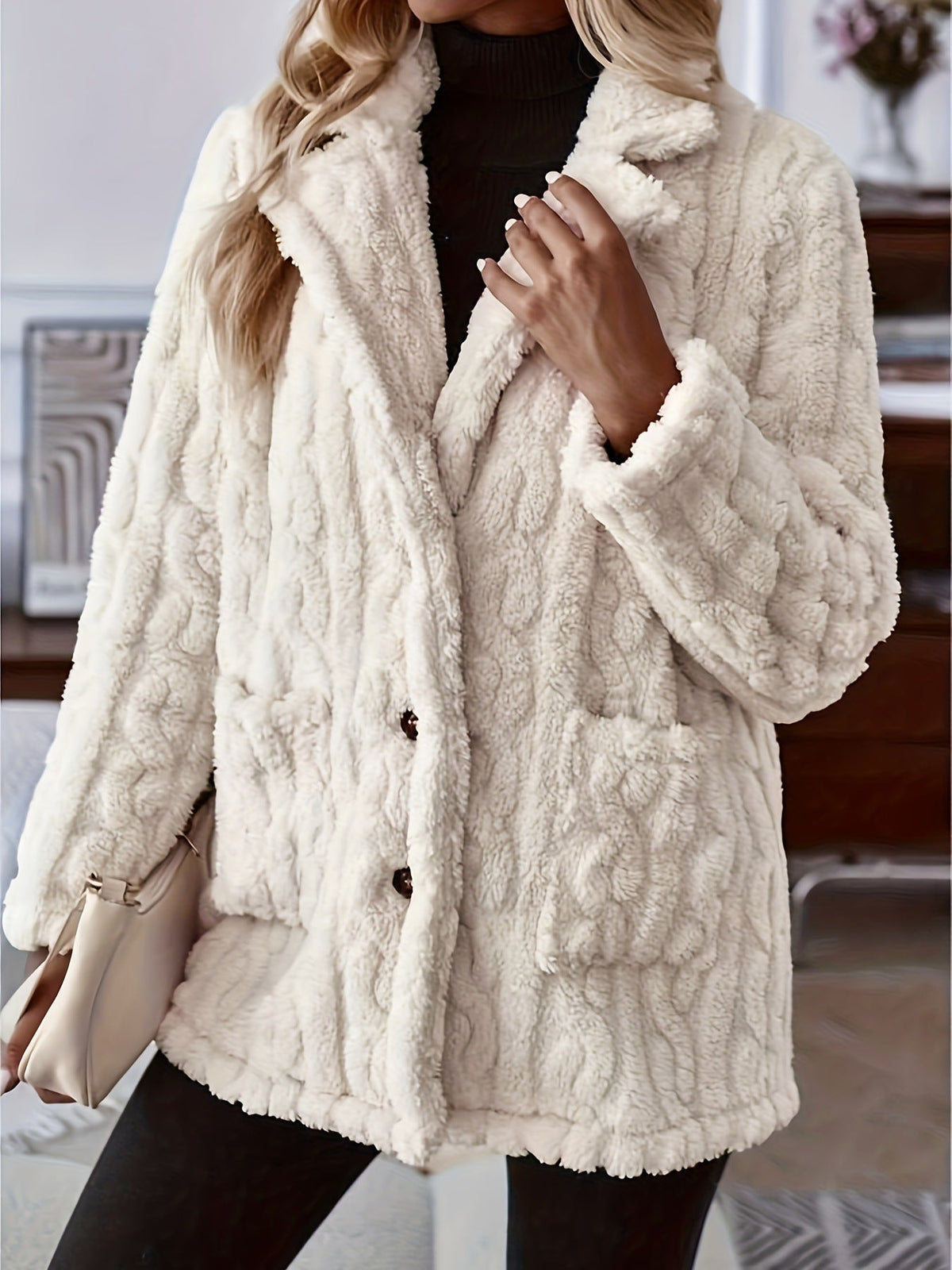 Women's Textured Teddy Coat with Notch Lapel