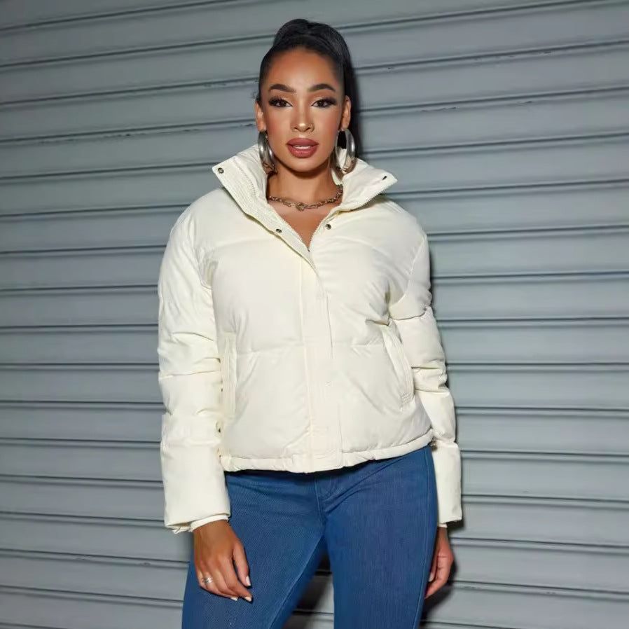 Women's Cropped Puffer Jacket High Collar Snap Front
