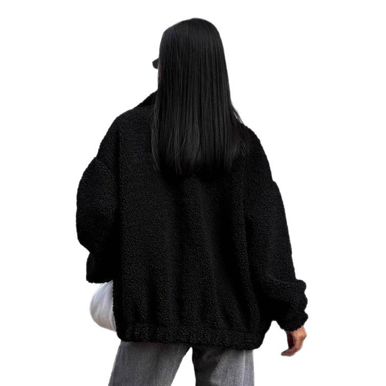Women's Oversized Teddy Jacket High Collar Zip Front