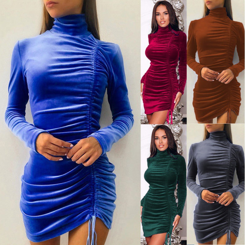 Women's Ruched Turtleneck Mini Dress Long Sleeve