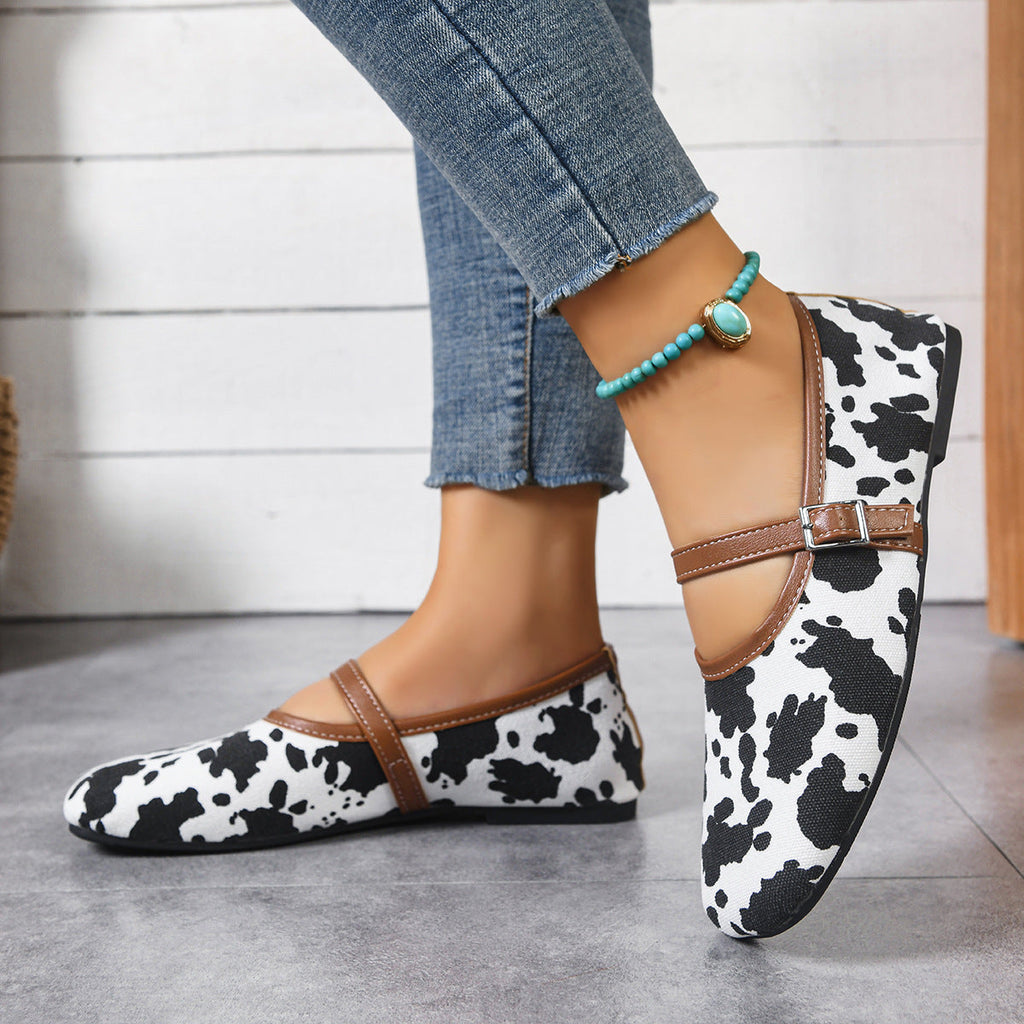 Women's Animal Print Mary Jane Flats with Adjustable Strap
