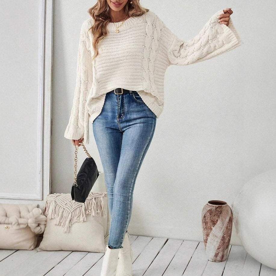 Women's Cable Knit Crew Neck Sweater with Long Sleeves