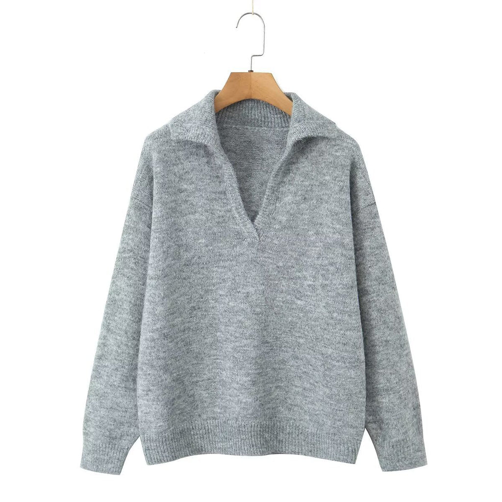 Women's Collared V-Neck Pullover Sweater Long Sleeve