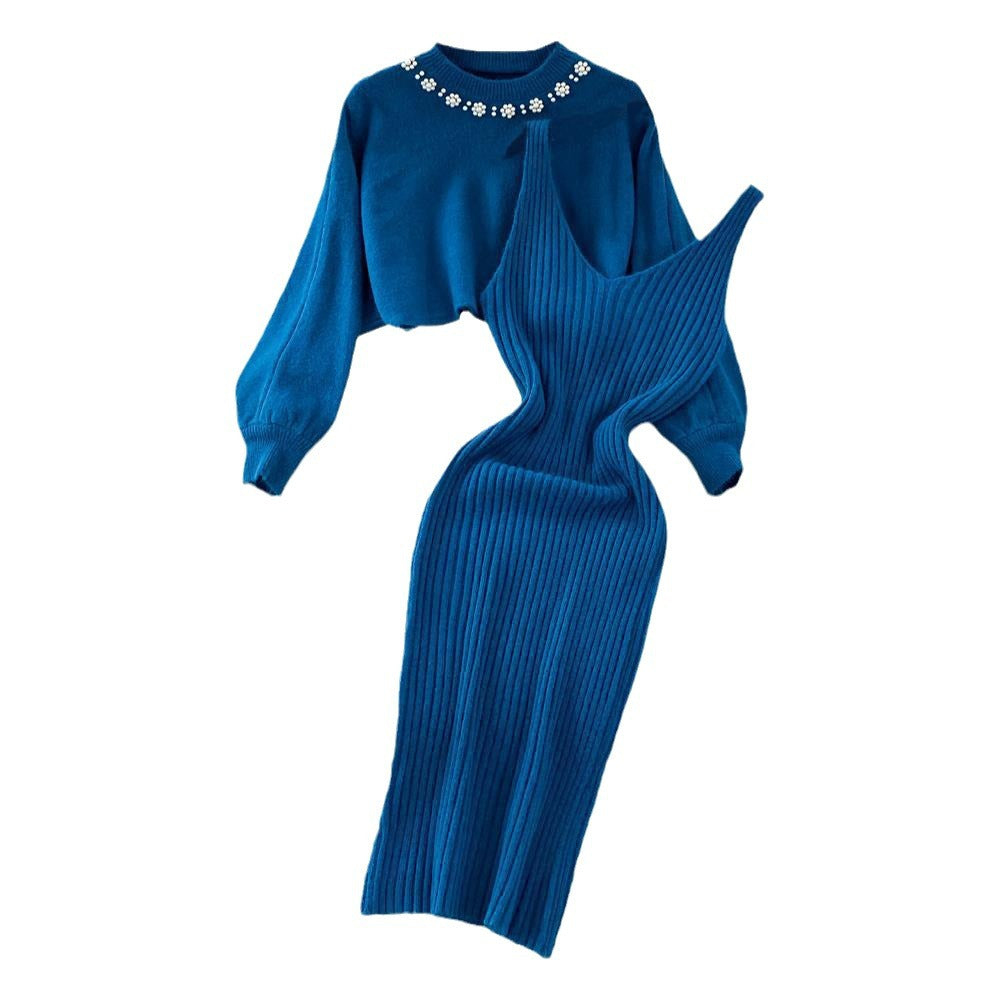 Women's Ribbed Sweater Dress Set with Pearl Collar