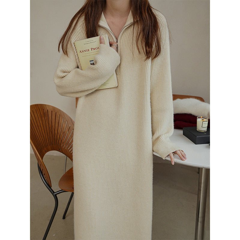Women's Ribbed Knit Maxi Dress with Half-Zip Collar