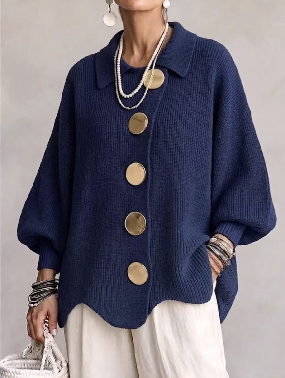 Women's Oversized Ribbed Cardigan, Collared Neck, Button Front