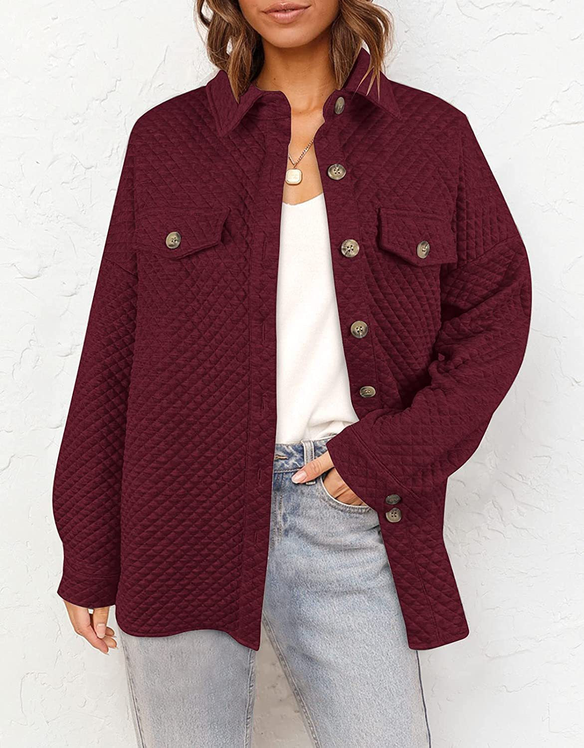 Women's Quilted Shirt Jacket Button-Front with Patch Pockets