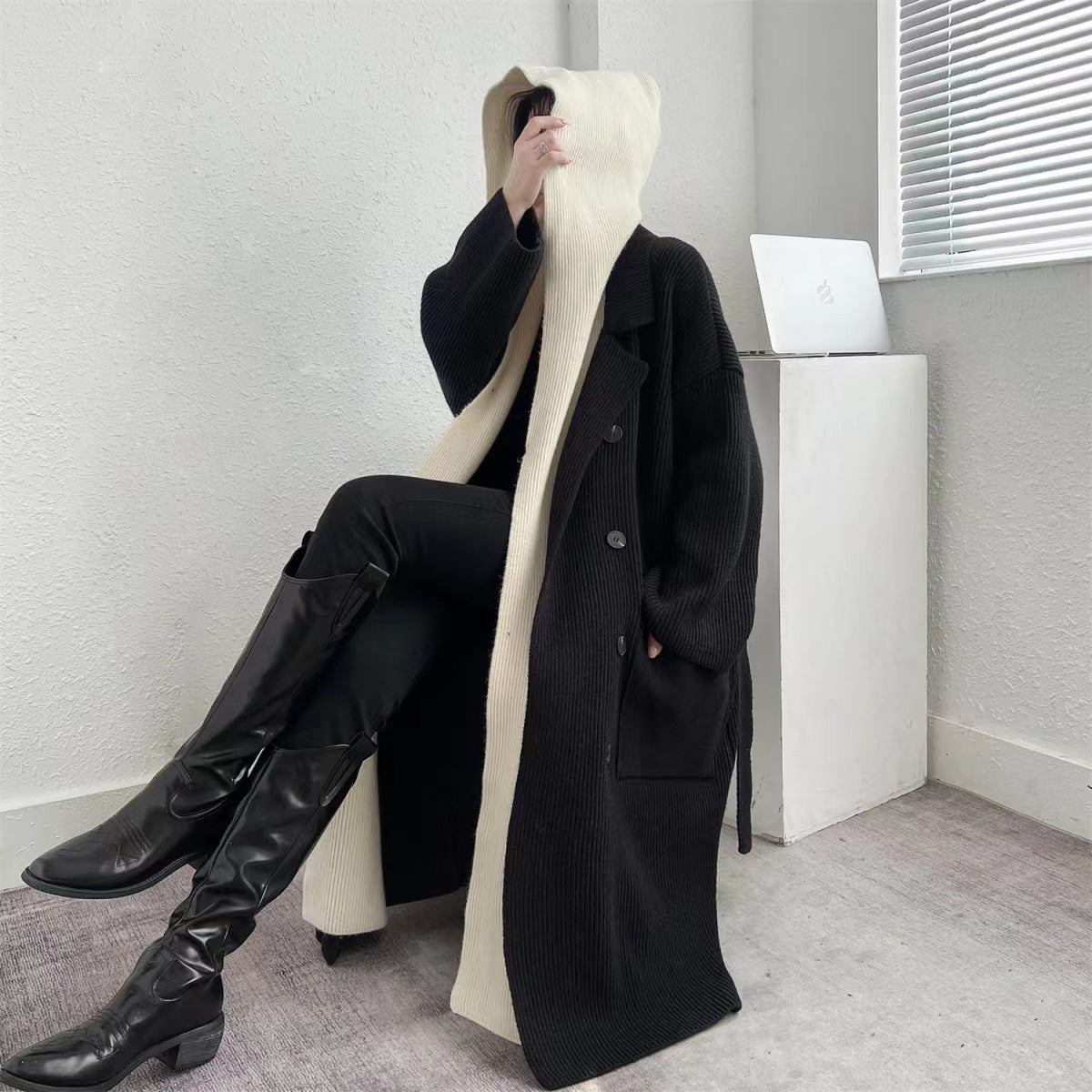 Women's Ribbed Long Coat with Button Front and Patch Pockets