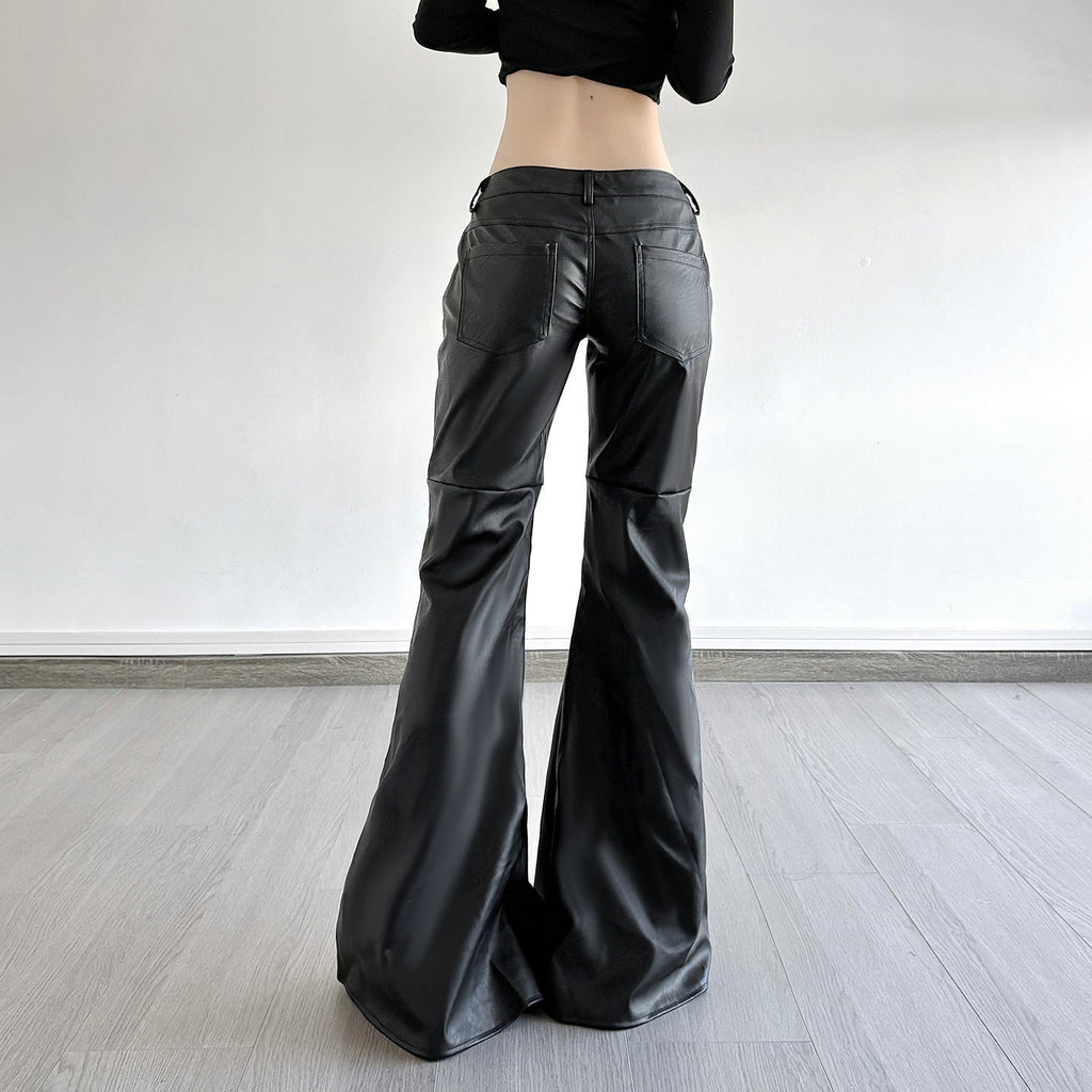 Women's Faux Leather Flare Pants Mid-Rise Button Closure