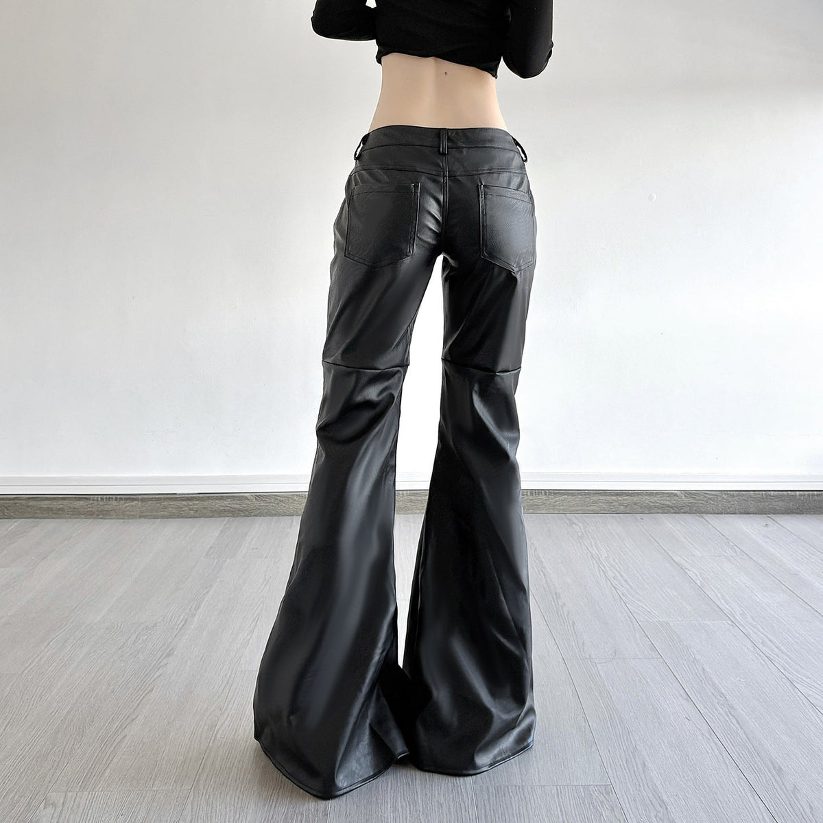 Women's Faux Leather Flare Pants Mid-Rise Button Closure