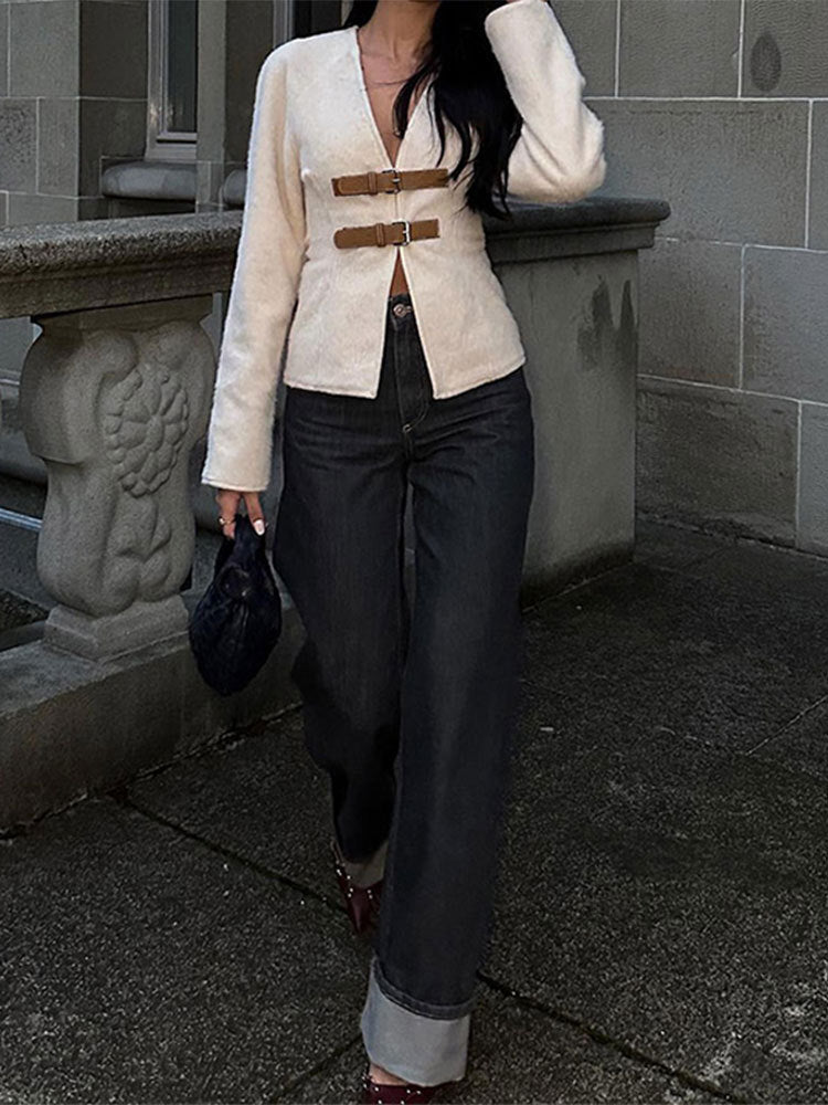 Women's Buckle-Front Teddy Jacket with V-Neck