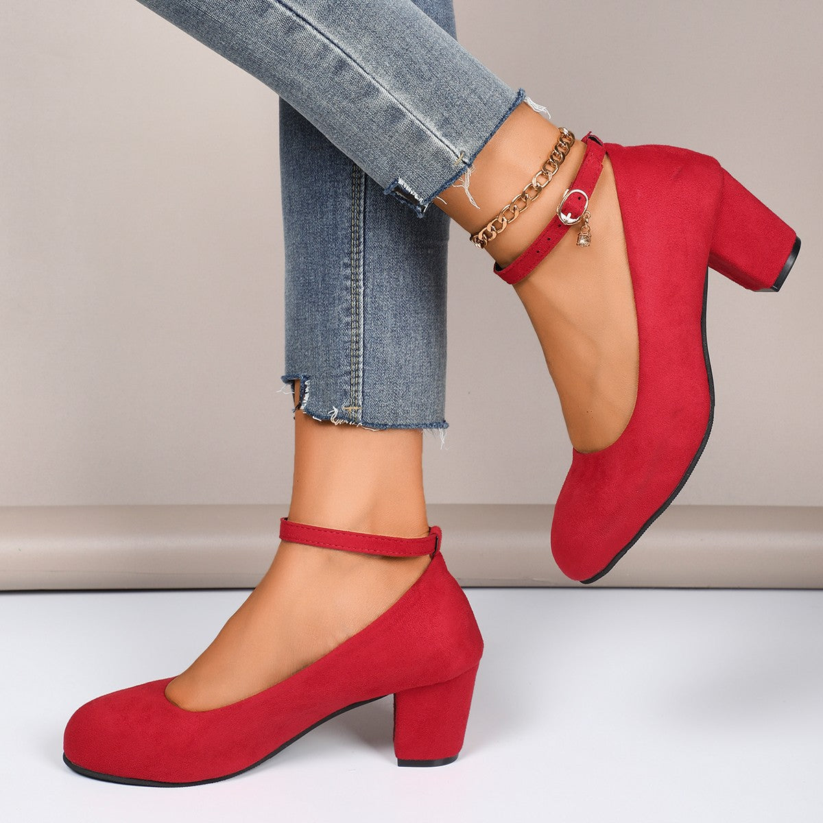 Women's Block Heel Pumps with Ankle Strap and Round Toe