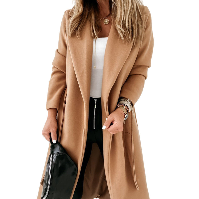 Women's Belted Open Front Midi Coat with Side Pockets