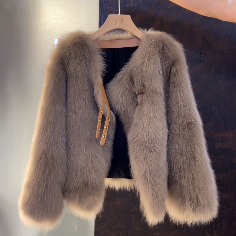 Women's Faux Fur Jacket Open Front with Buckle Detail