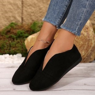 Women's V-Cut Slip-On Flat Shoes with Rounded Toe