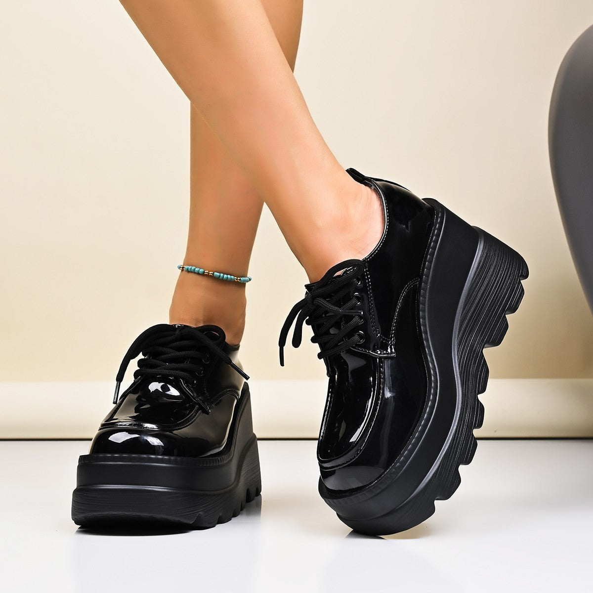 Women's Platform Lace-Up Shoes with Patent Finish