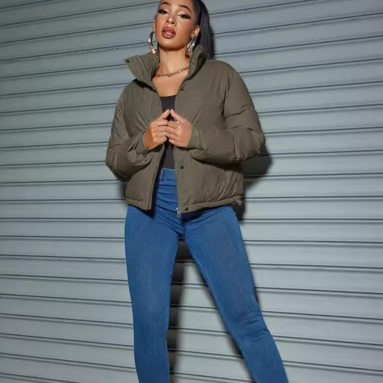 Women's Cropped Puffer Jacket High Collar Snap Front