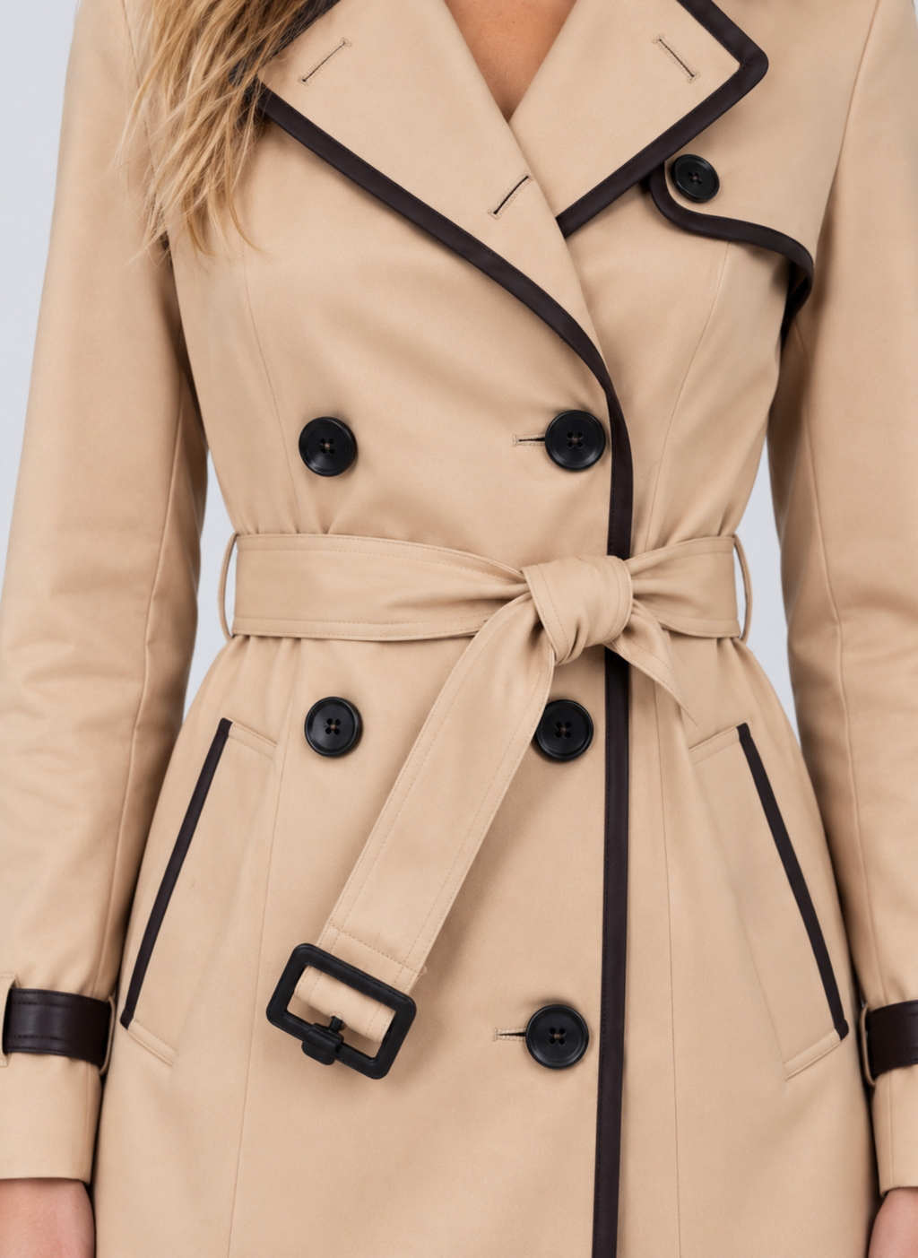 Montarello Women's Trench Coat Double Breasted Belted Longline Beige