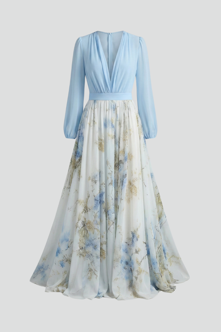 Montarello Women's Floral V-Neck Sheer Sleeve Maxi Occasion Dress