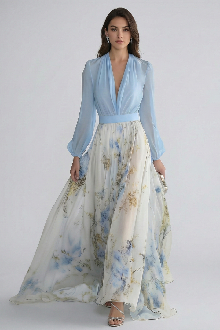 Montarello Women's Floral V-Neck Sheer Sleeve Maxi Occasion Dress