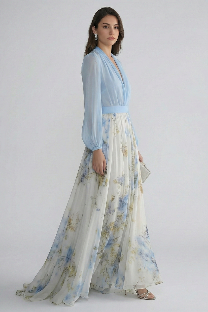 Montarello Women's Floral V-Neck Sheer Sleeve Maxi Occasion Dress