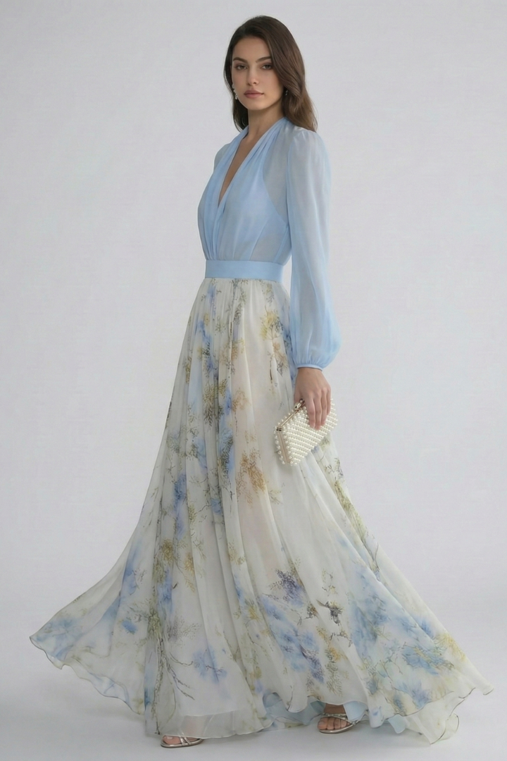 Montarello Women's Floral V-Neck Sheer Sleeve Maxi Occasion Dress