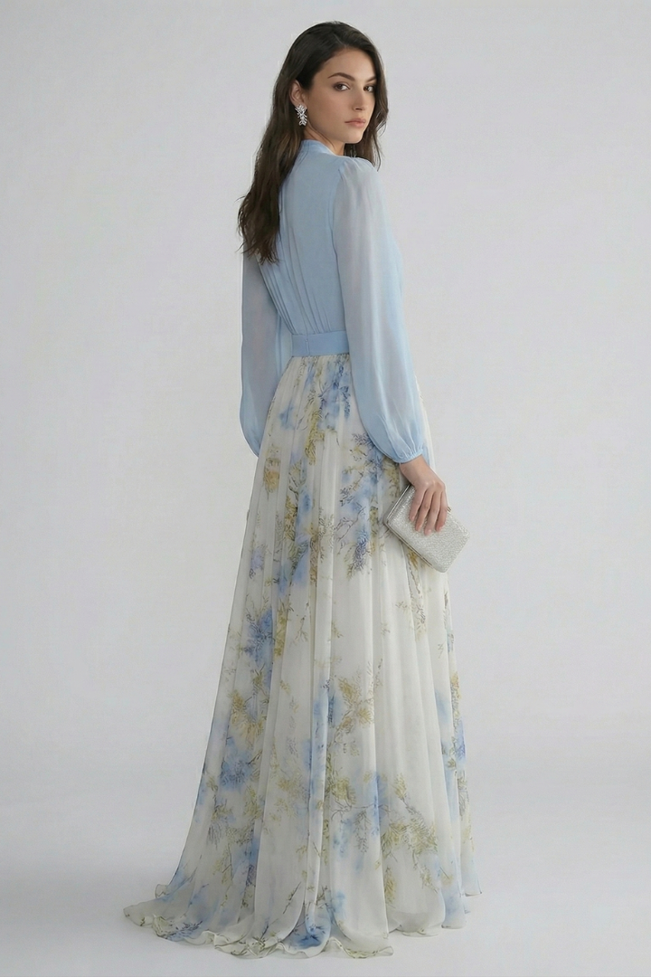 Montarello Women's Floral V-Neck Sheer Sleeve Maxi Occasion Dress