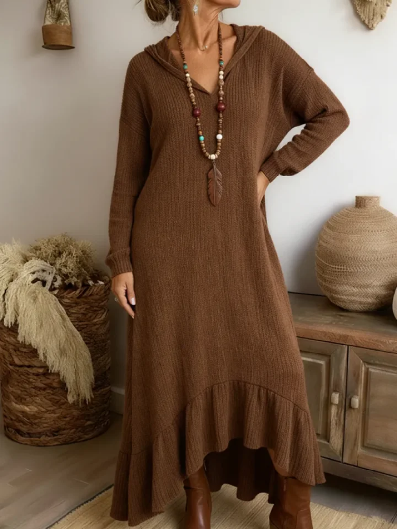 Women's Hooded Ribbed Midi Dress with Ruffle Hem