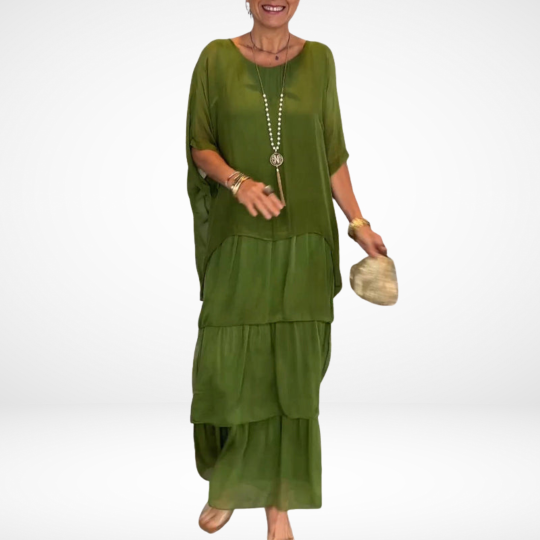 Women's A-Line Maxi Dress with Smocked Sleeves and Round Neckline