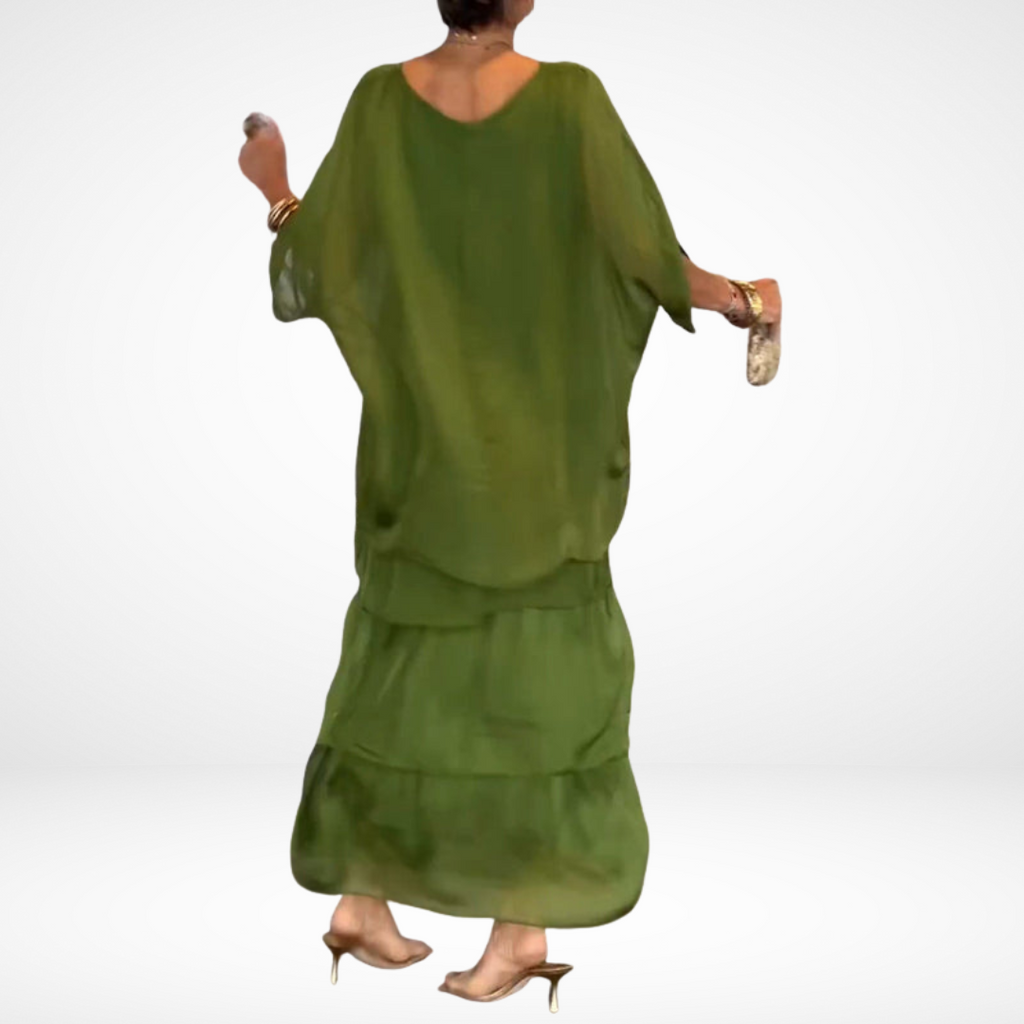 Women's A-Line Maxi Dress with Smocked Sleeves and Round Neckline