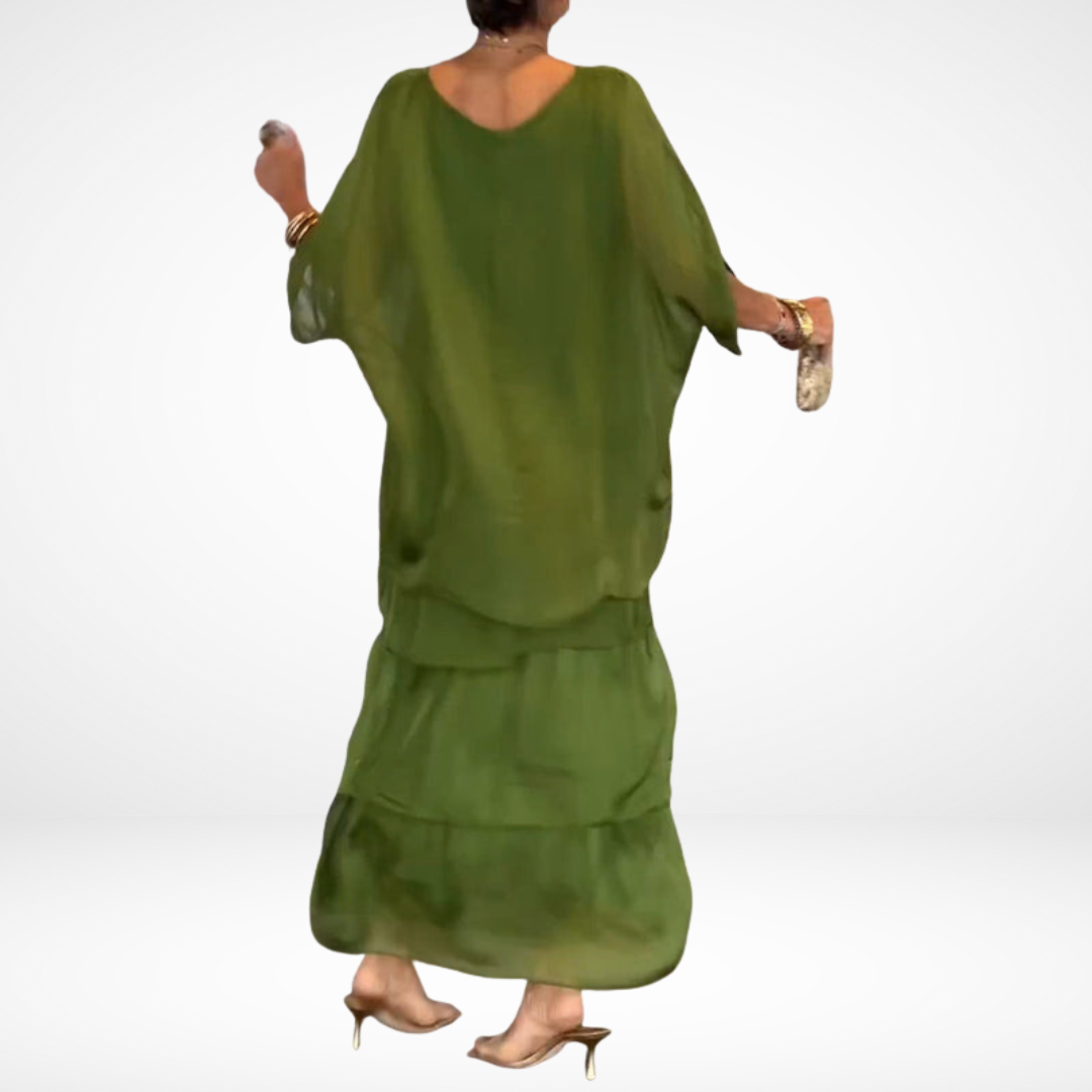 Women's A-Line Maxi Dress with Smocked Sleeves and Round Neckline