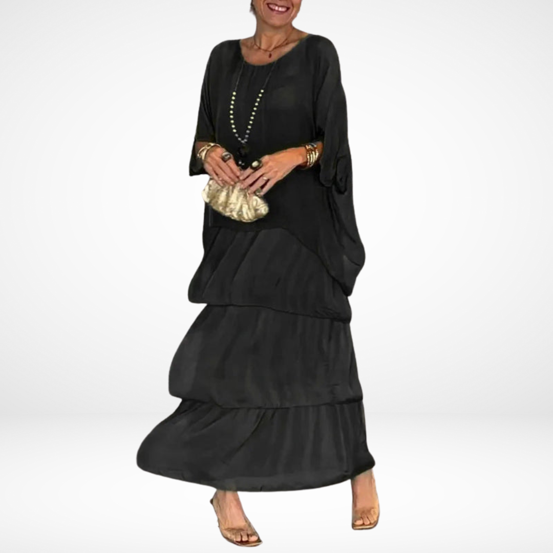 Women's A-Line Maxi Dress with Smocked Sleeves and Round Neckline