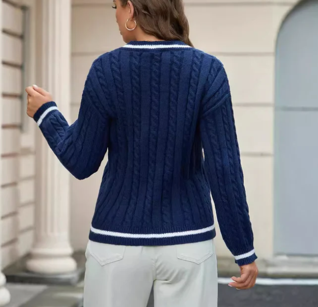 Women's Cable Knit Sweater V-Neck Stripe Trim
