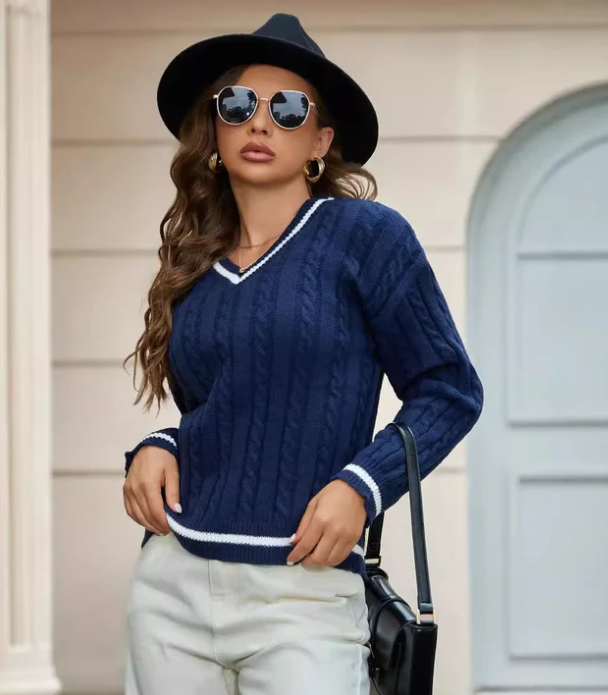 Women's Cable Knit Sweater V-Neck Stripe Trim