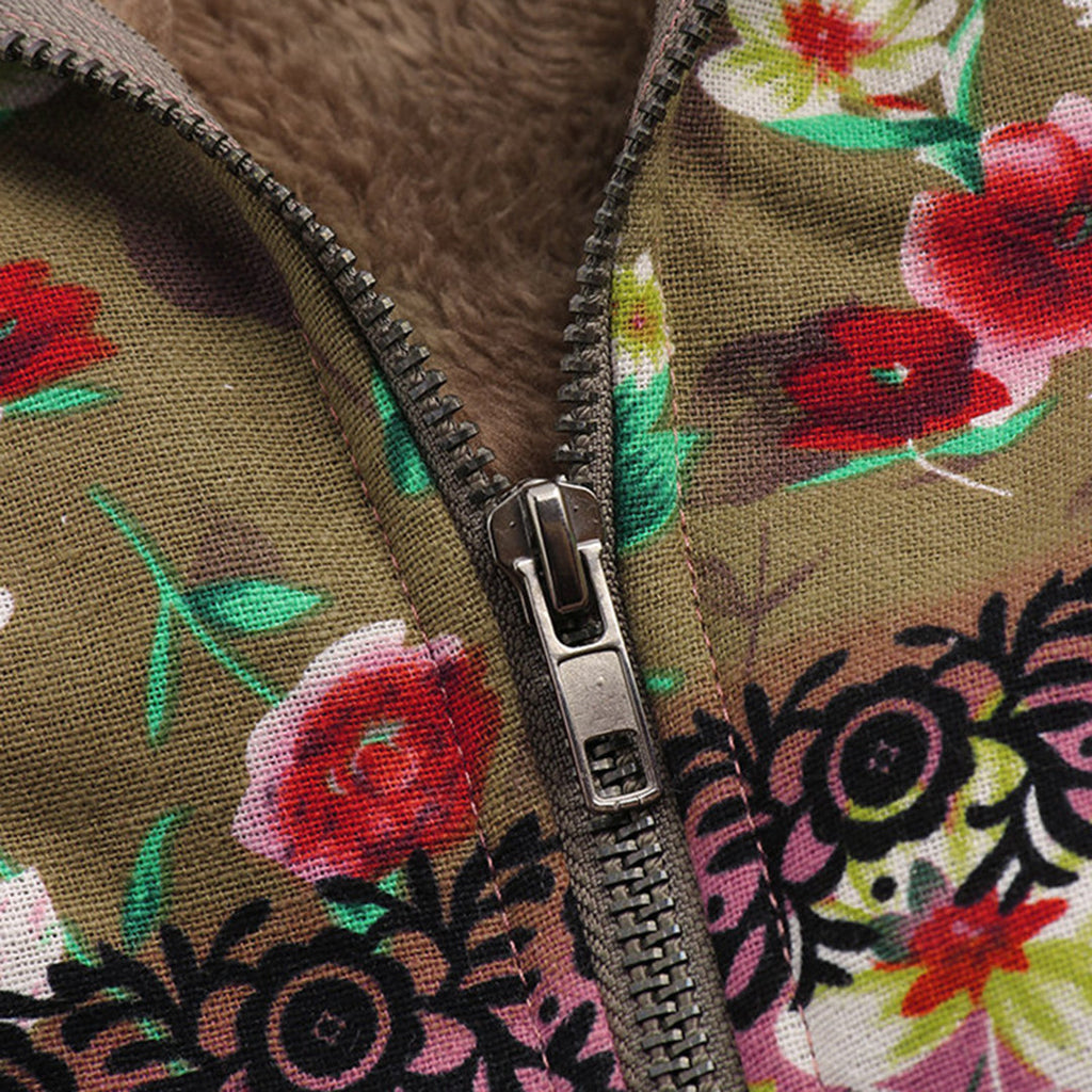 Women's Floral Hooded Teddy Coat Long Zip Front