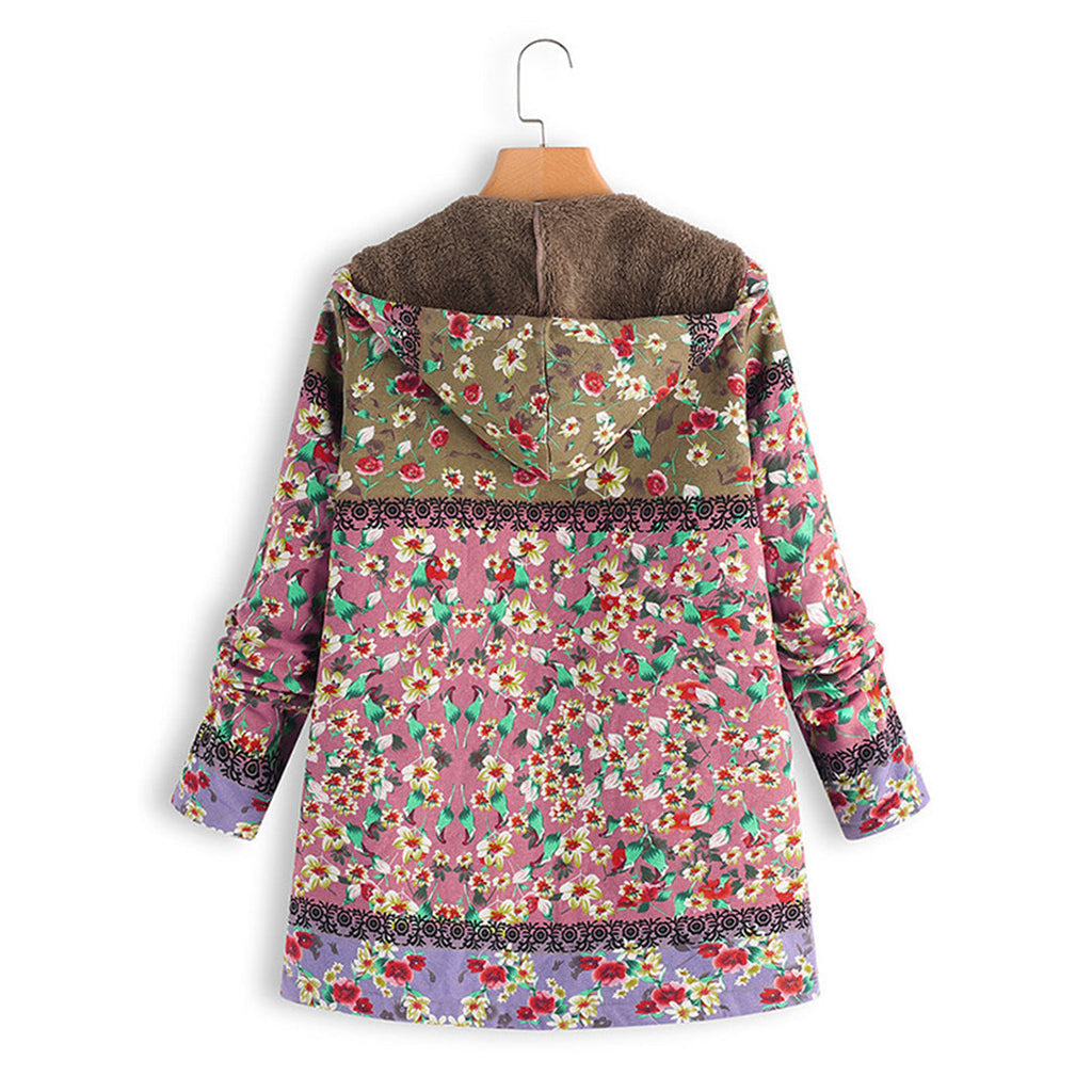 Women's Floral Hooded Teddy Coat Long Zip Front