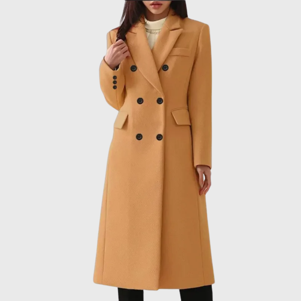 Women's Camel Double-Breasted Long Coat with Peak Lapels