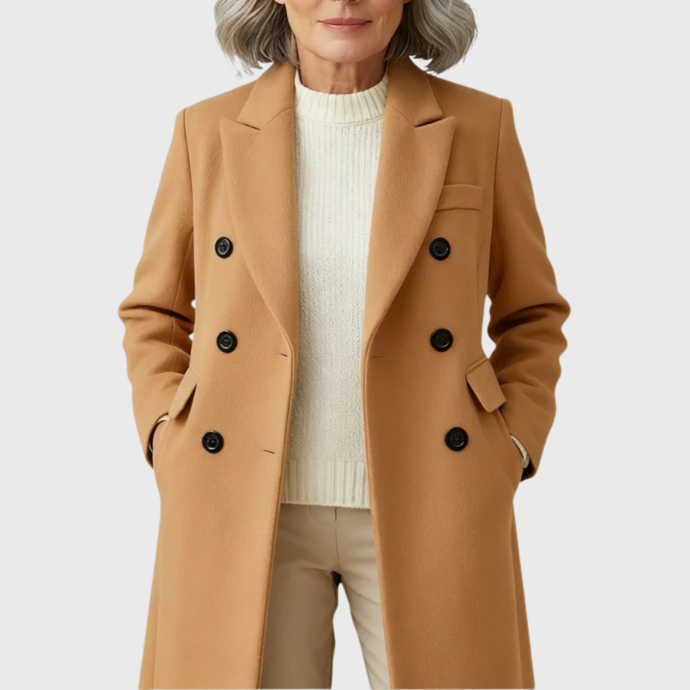 Women's Camel Double-Breasted Long Coat with Peak Lapels