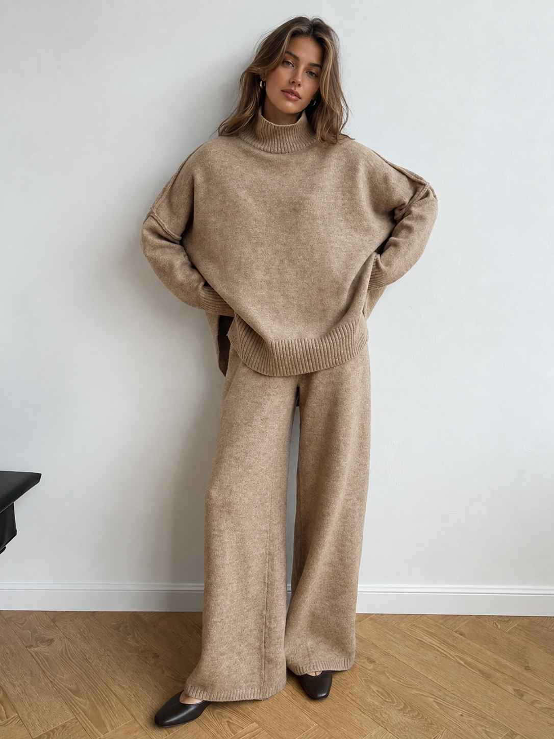 Women's Turtleneck Knit Pants Set, Wide-Leg Trousers