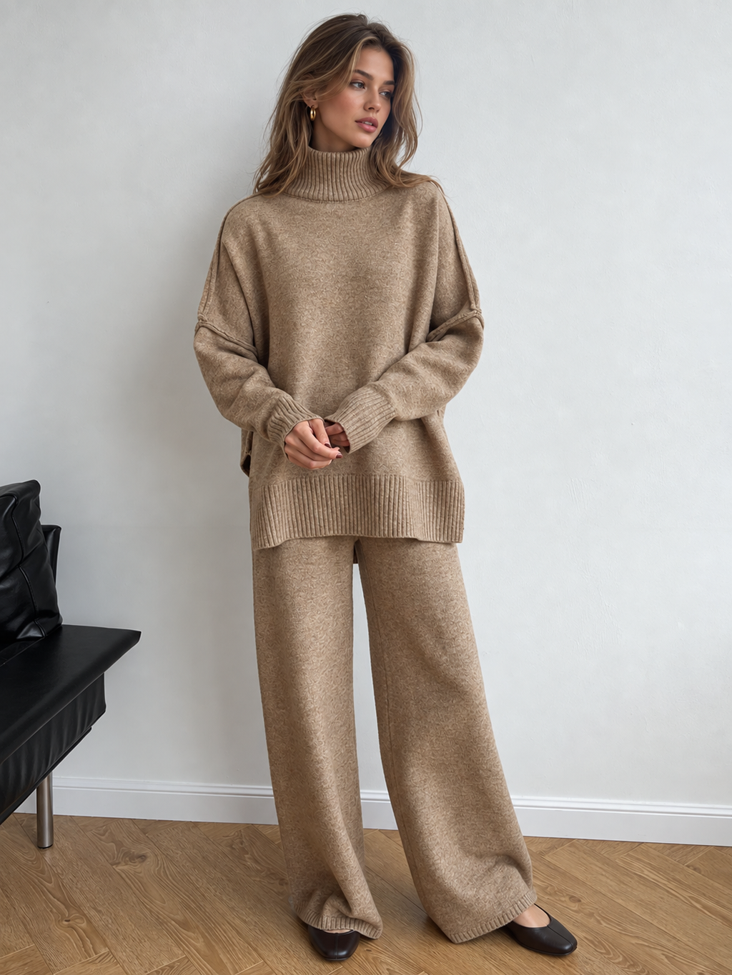 Women's Turtleneck Knit Pants Set, Wide-Leg Trousers