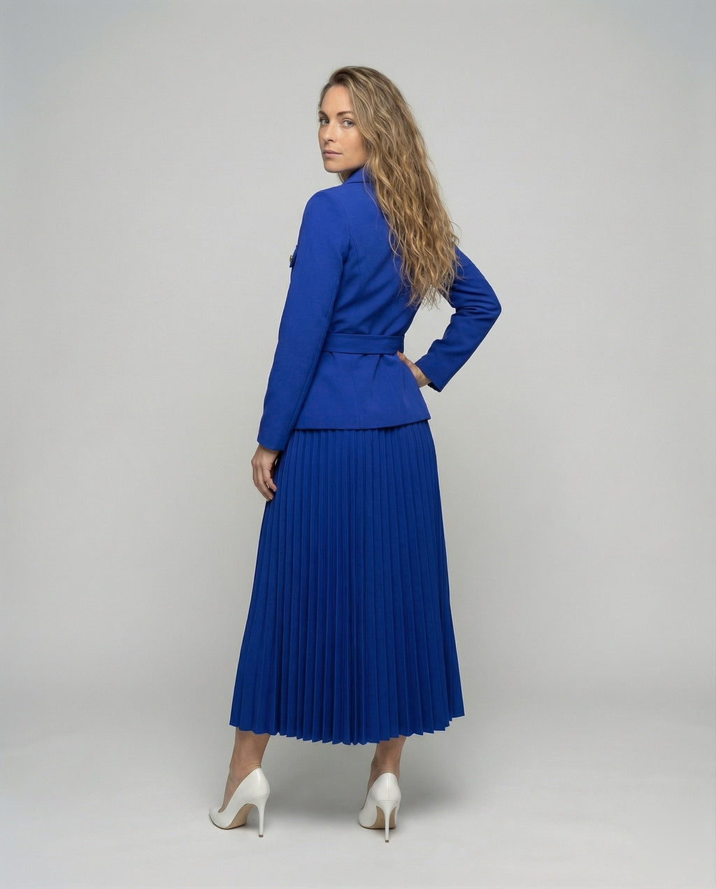 Women's Tailored Blazer Set with Pleated Midi Skirt