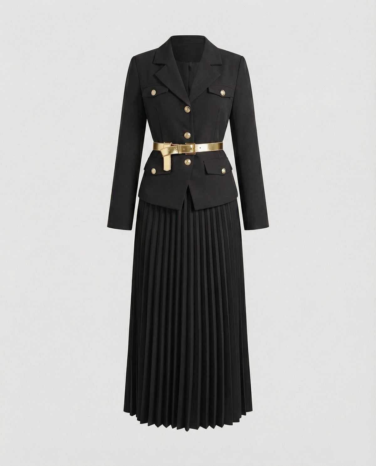 Women's Tailored Blazer Set with Pleated Midi Skirt