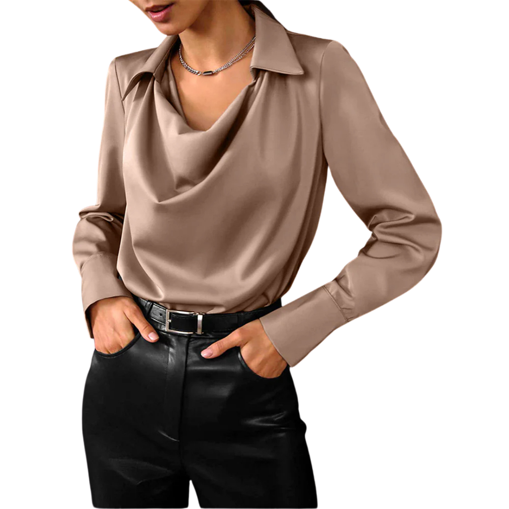 Samantha | Women’s Drape Neck Long Sleeve Satin Blouses