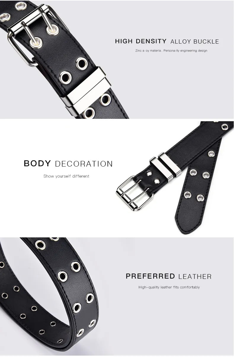 Women's Wide Grommet Belt with Double-Prong Buckle