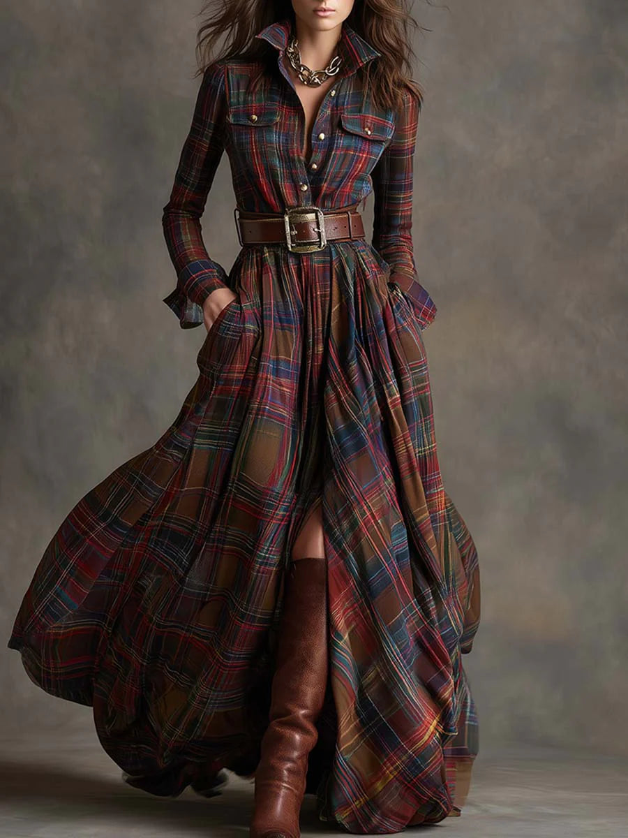 Women's Plaid Maxi Shirt Dress, Belted, Long Sleeves